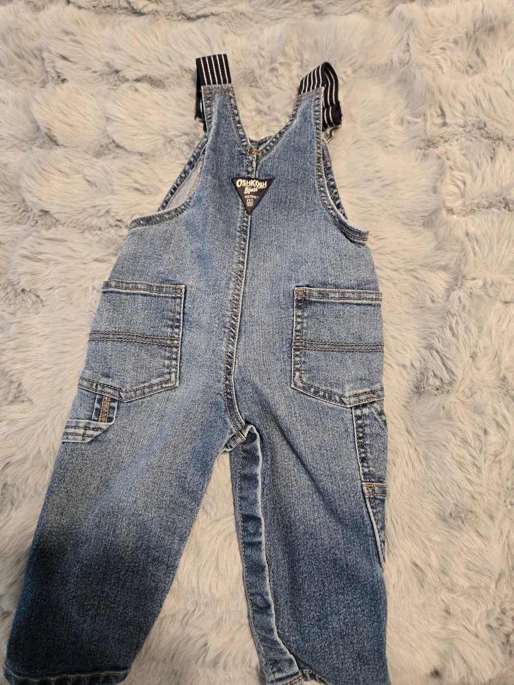 OshKosh B'gosh Striped Strap Stretch Denim Overalls 12M Snap Leg